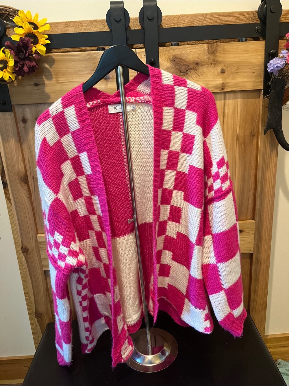 Miracle Hot Pink and White Checkerboard Open-Front Oversize Cardigan